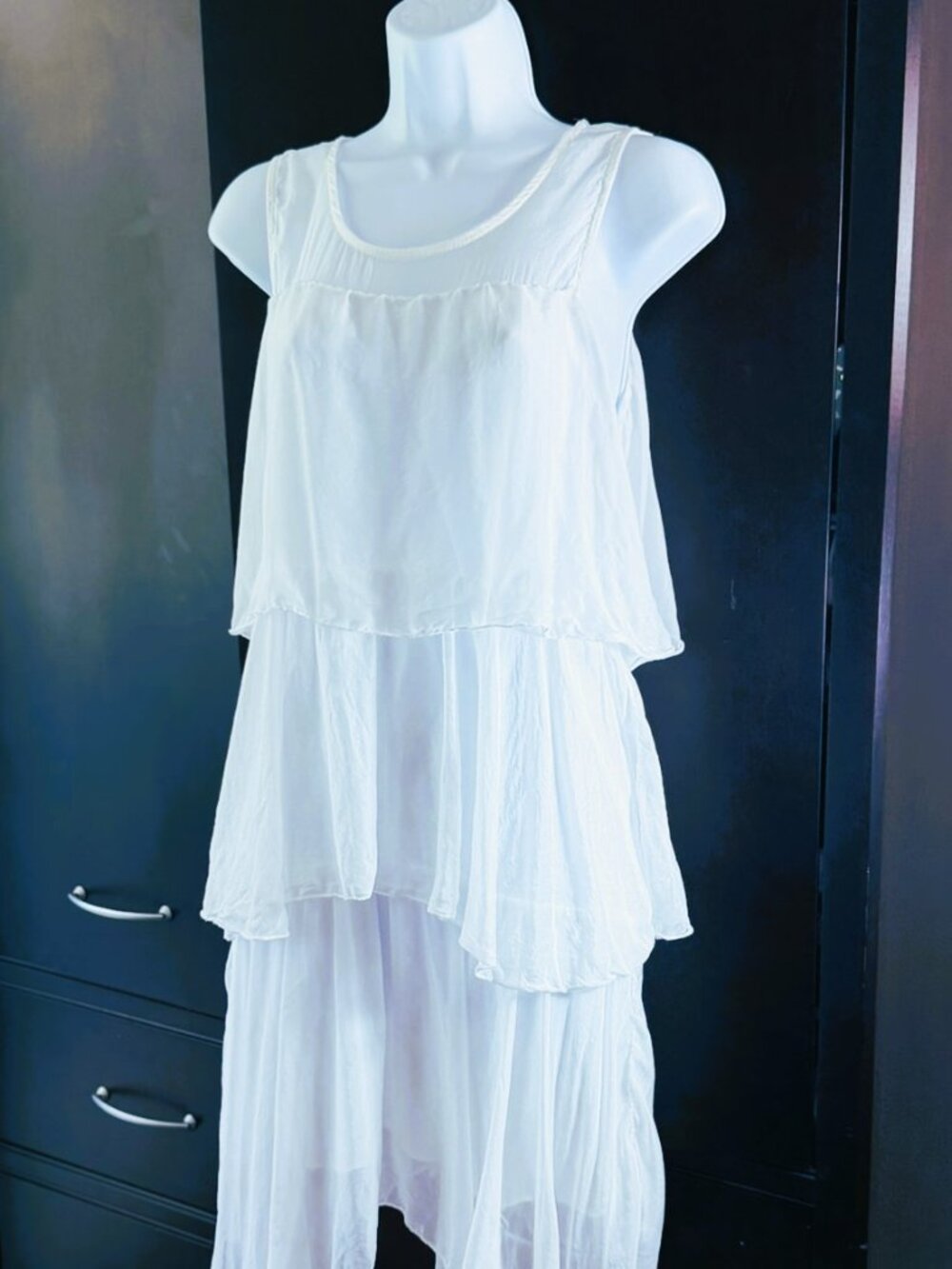 Italian boutique resort-wear tiered summer mini dress white Sz S-M Made in Italy